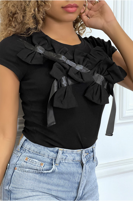 Black short-sleeved T-shirt, with bows - 7