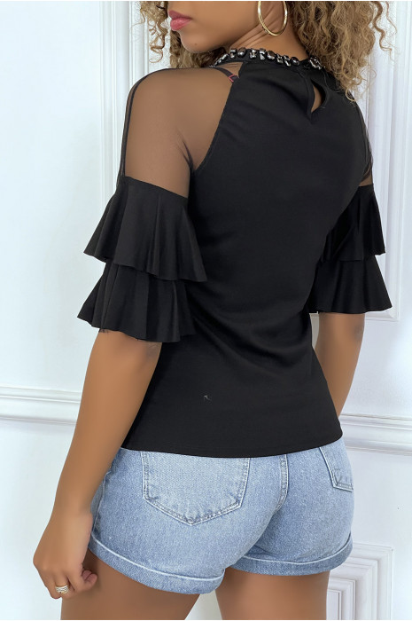 Haut noir à volants et épaules transparentes, col rond à strass - 1