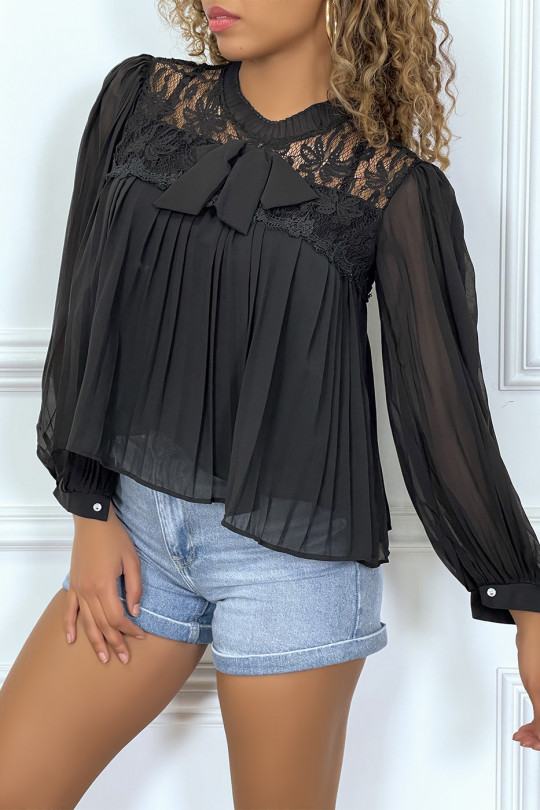 Zwarte blouse in geplooide sluier en kant, met lange mouwen - 1