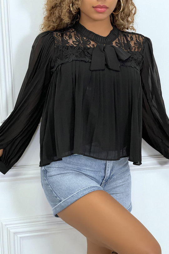 Zwarte blouse in geplooide sluier en kant, met lange mouwen - 6