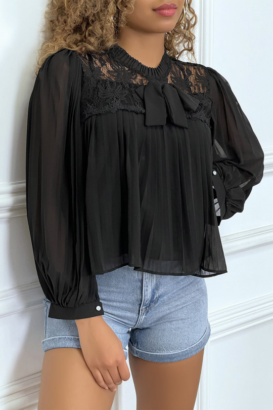 Zwarte blouse in geplooide sluier en kant, met lange mouwen - 8