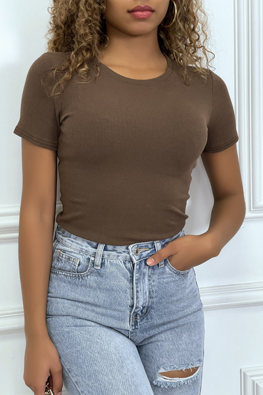 Brown tight-fitting t-shirt with short sleeves, round neck - 2