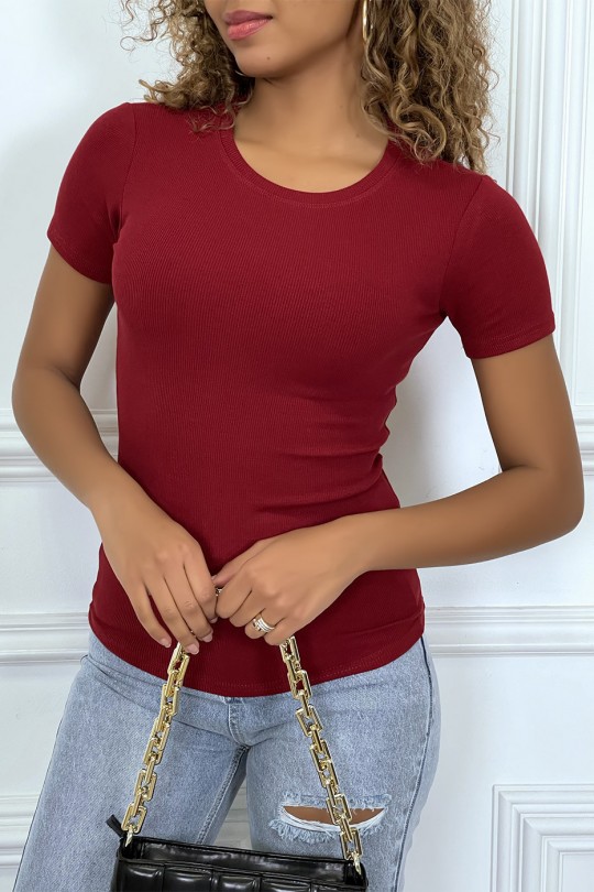 Burgundy short-sleeved tight-fitting t-shirt, round neck - 1