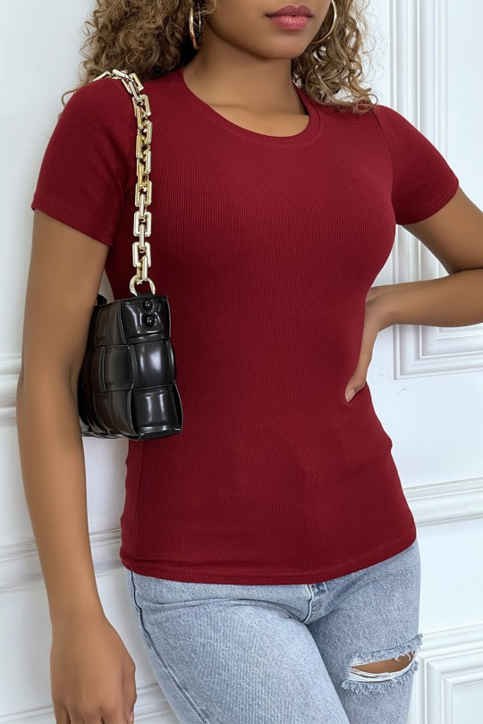 Burgundy short-sleeved tight-fitting t-shirt, round neck - 3