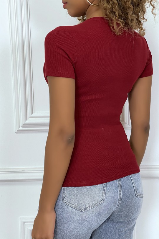 Burgundy short-sleeved tight-fitting t-shirt, round neck - 5