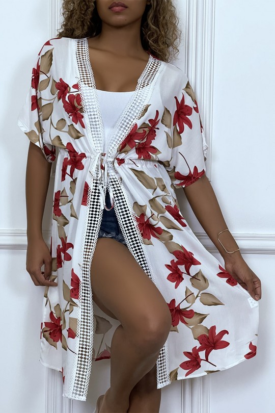 Kimono mi-long blanc ceinturé avec imprimés floraux et dentelle - 6