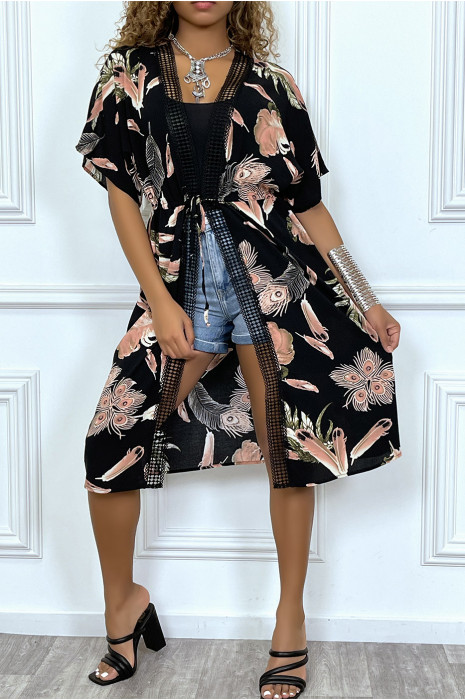 Kimono mi-long blanc ceinturé avec imprimés et dentelle - 2