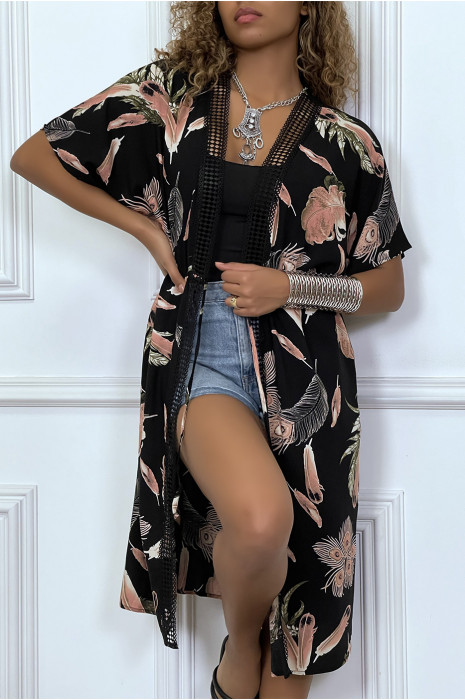 Kimono mi-long blanc ceinturé avec imprimés et dentelle - 5