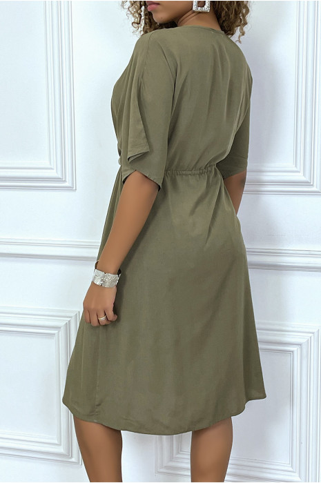 Kimono mi-long kaki ceinturé avec dentelle - 4