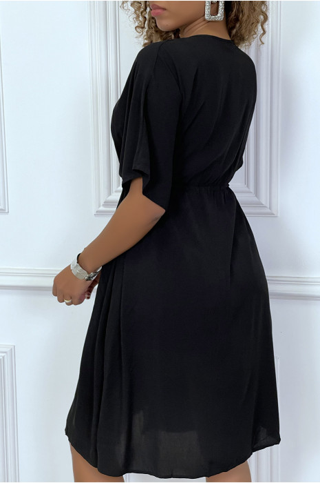 Kimono mi-long noir ceinturé avec dentelle - 3