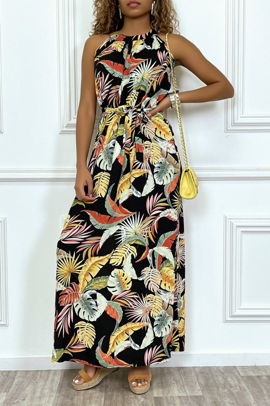 Long black dress with floral prints, round neck sleeveless - 1