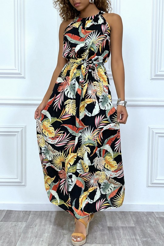 Long black dress with floral prints, round neck sleeveless - 7