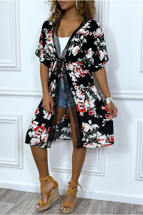 Kimono mi-long noir ceinturé avec imprimés et dentelle - 3