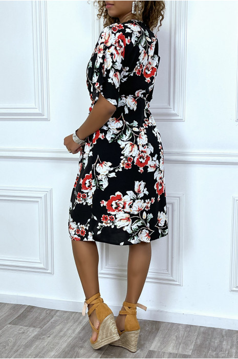 Kimono mi-long noir ceinturé avec imprimés et dentelle - 4