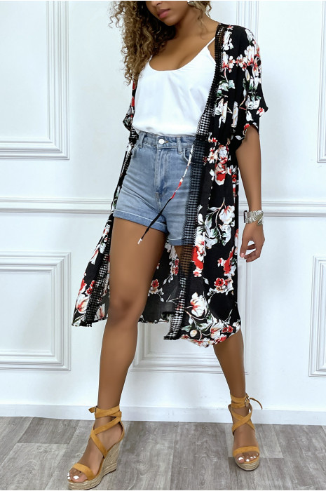 Kimono mi-long noir ceinturé avec imprimés et dentelle - 5