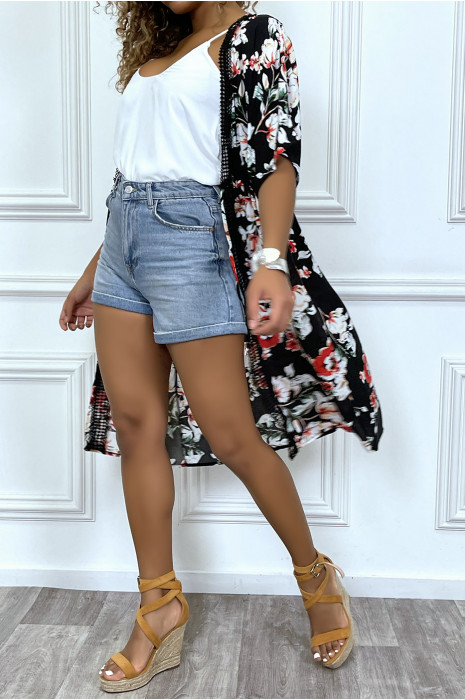 Kimono mi-long noir ceinturé avec imprimés et dentelle - 6