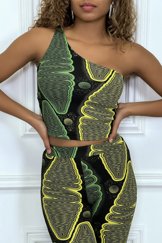 Green wax print crop top with asymmetric sleeves - 1
