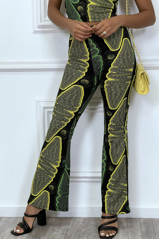 Pantalon noir evasée à imprimé wax jaune et vert - 1