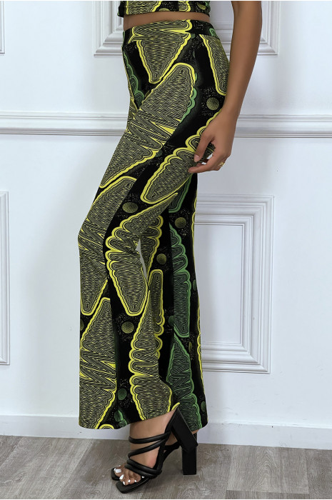 Zwarte flared broek met gele en groene waxprint - 2