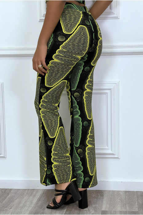 Pantalon noir evasée à imprimé wax jaune et vert - 3