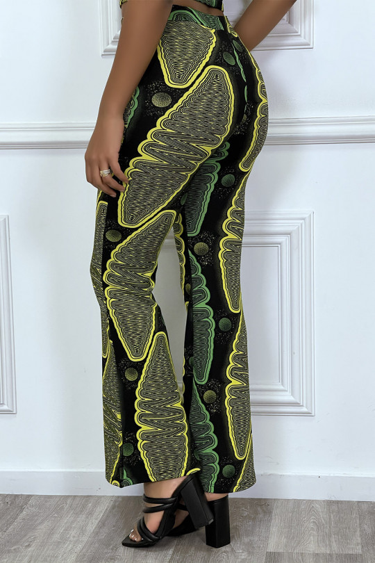 Pantalon noir evasée à imprimé wax jaune et vert - 3