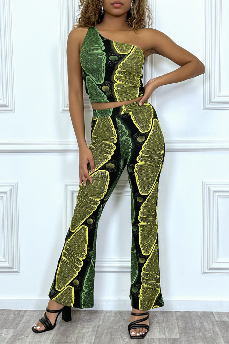 Black flared pants with yellow and green wax print - 4