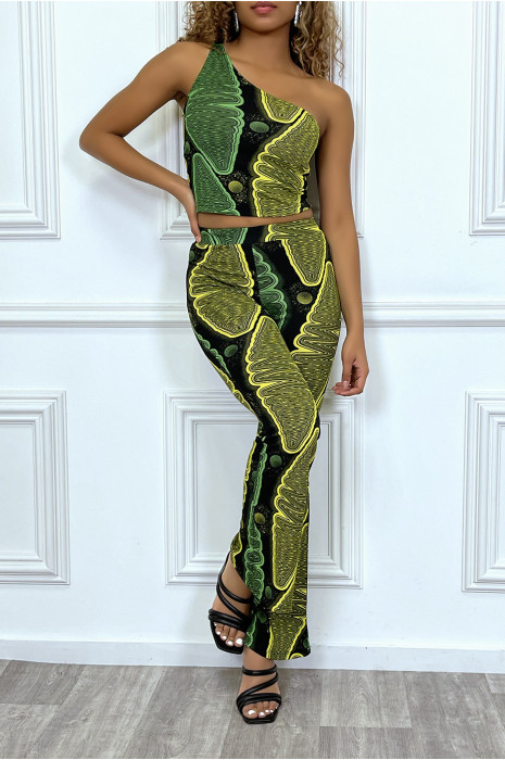 Zwarte flared broek met gele en groene waxprint - 5