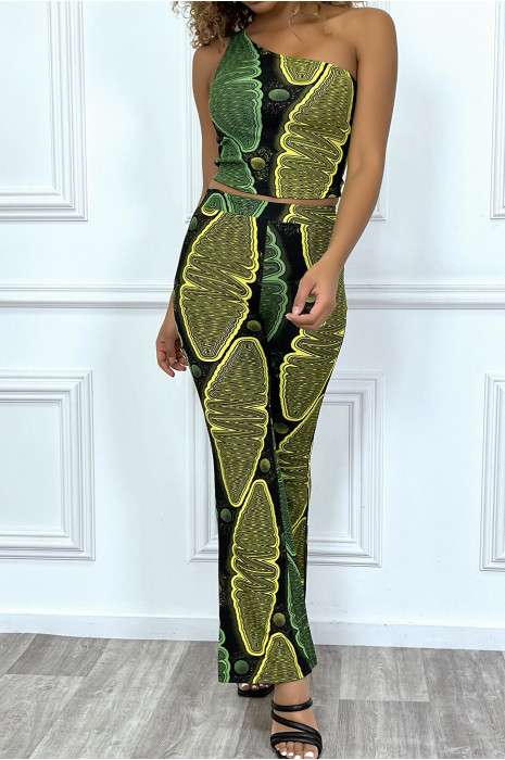 Zwarte flared broek met gele en groene waxprint - 6