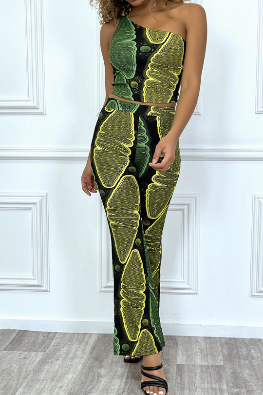Black flared pants with yellow and green wax print - 6