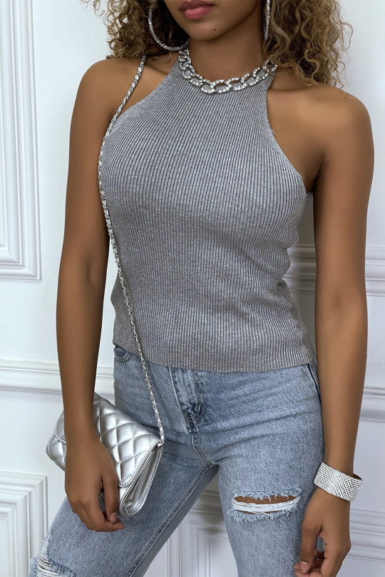 Gray ribbed top with costume jewelry neckline - 2