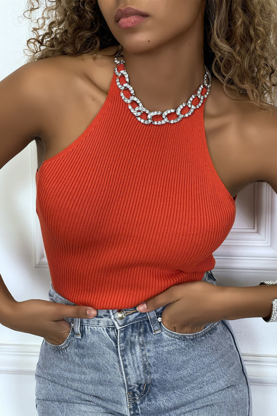 Red ribbed top with costume jewelry neckline - 1