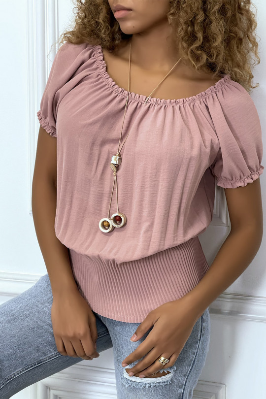 Pink gathered and pleated top with collar - 1