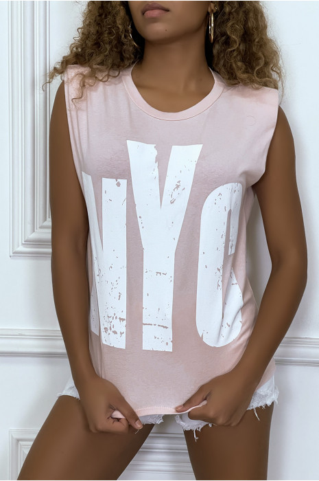 Pink sleeveless T-shirt with epaulettes, "NYC" writing - 3
