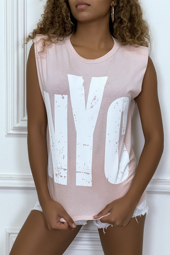 Tee-shirt sans manches rose avec épaulettes, écriture "NYC" - 3