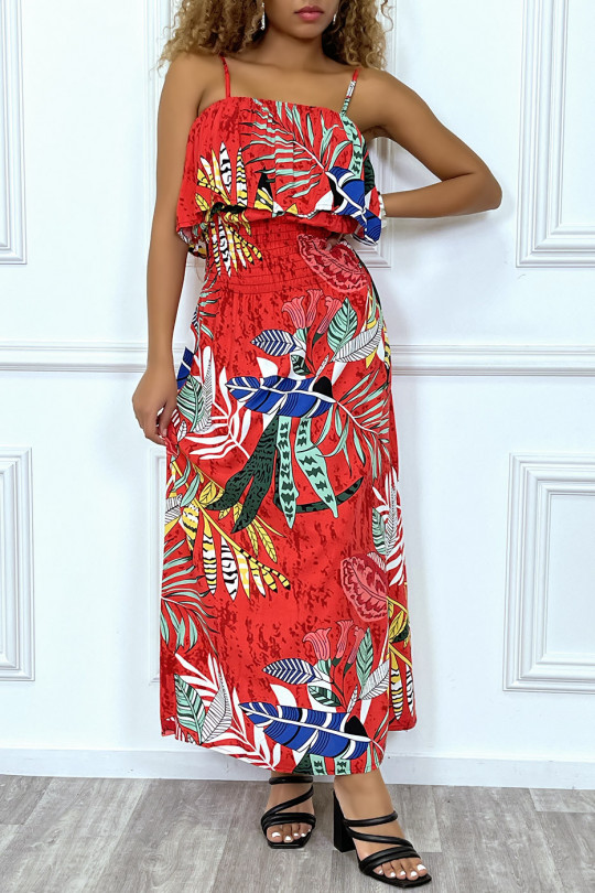 Long red leaf pattern dress with ruffle and elastic at the waist - 1