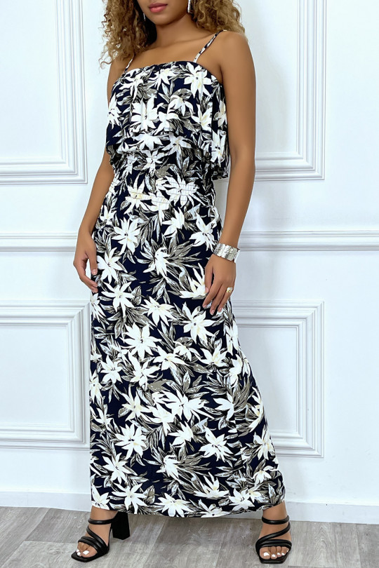 Long black summer dress with boat neck and tropical print - 1