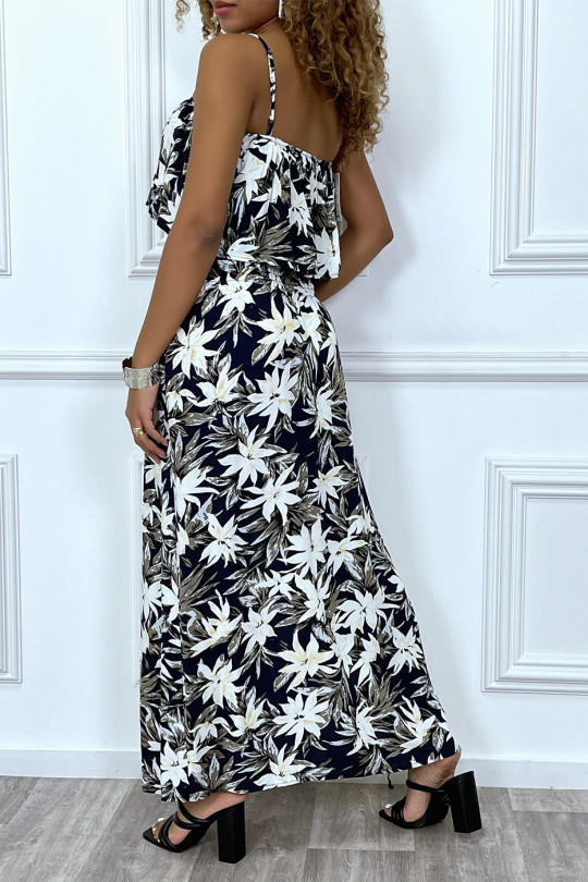 Long black summer dress with boat neck and tropical print - 4