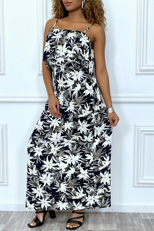 Long black summer dress with boat neck and tropical print - 5