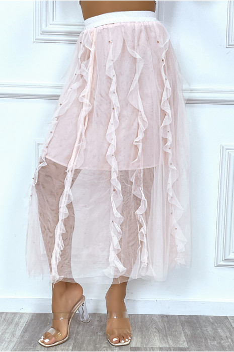 Jupe longue rose en tulle à volants et petits clous - 1