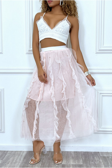 Long pink tulle skirt with ruffles and small studs - 2