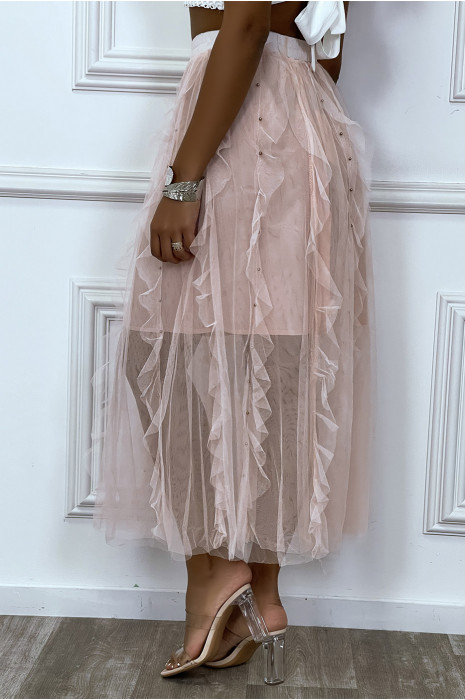 Lange roze tule rok met ruches en kleine studs - 3