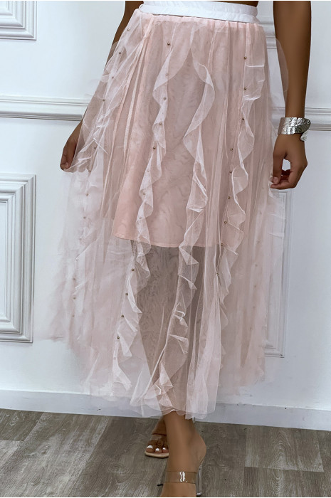 Long pink tulle skirt with ruffles and small studs - 4