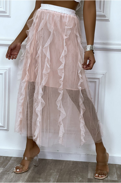 Lange roze tule rok met ruches en kleine studs - 5