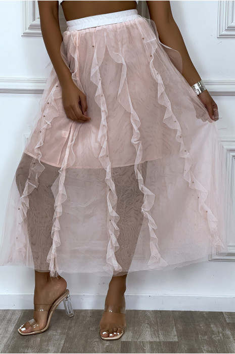 Lange roze tule rok met ruches en kleine studs - 6