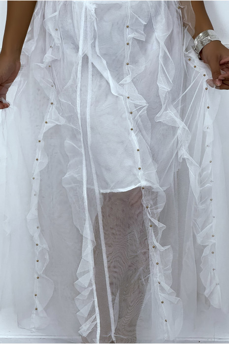 Jupe longue rose en tulle à volants et petits clous. - 2