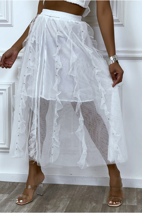 Jupe longue rose en tulle à volants et petits clous. - 5