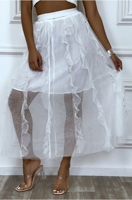 Jupe longue rose en tulle à volants et petits clous. - 6