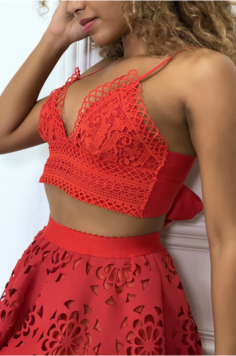 Rode gehaakte crop top met diepe nekband - 4