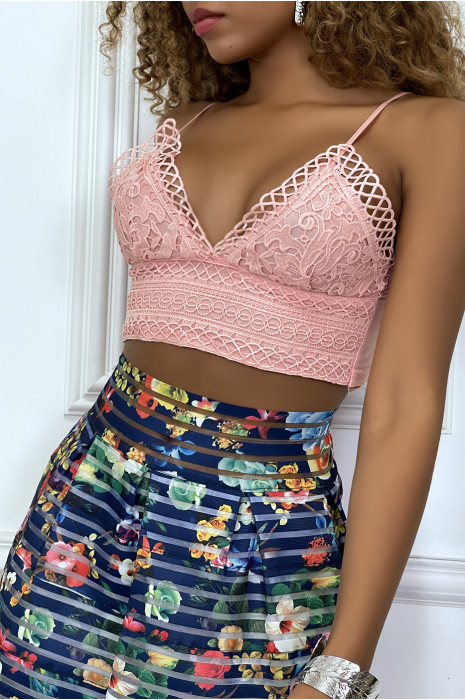 Crop top rose à crochet et bretelle col plongeant - 3