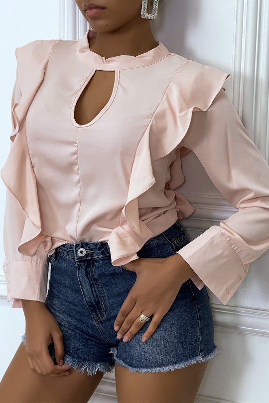 Chique roze blouse met lange mouwen en ruches - 1